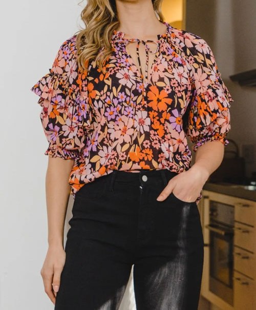 Women's ODDI Full Size Floral Tie Neck Ruffled Blouse