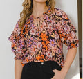 Women's ODDI Full Size Floral Tie Neck Ruffled Blouse