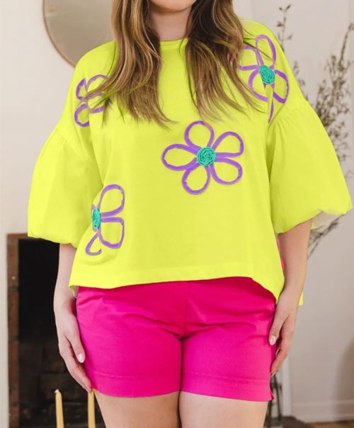 Women's ODDI Full Size Flower Embroidery Detail T-Shirt