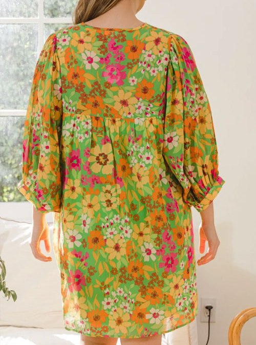 Women's ODDI Full Size Floral Tied Neck Mini Dress