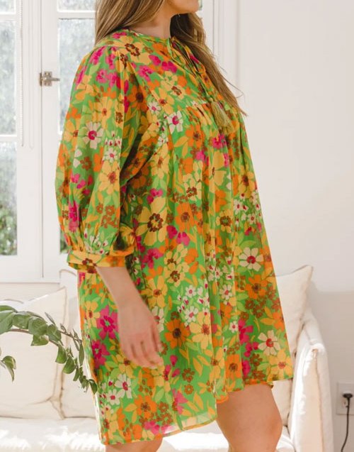 Women's ODDI Full Size Floral Tied Neck Mini Dress