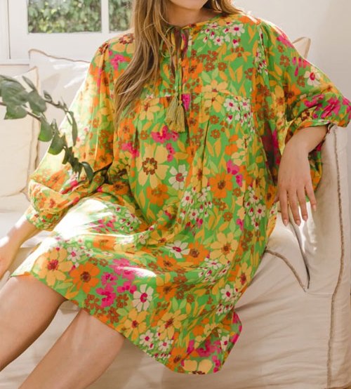 Women's ODDI Full Size Floral Tied Neck Mini Dress