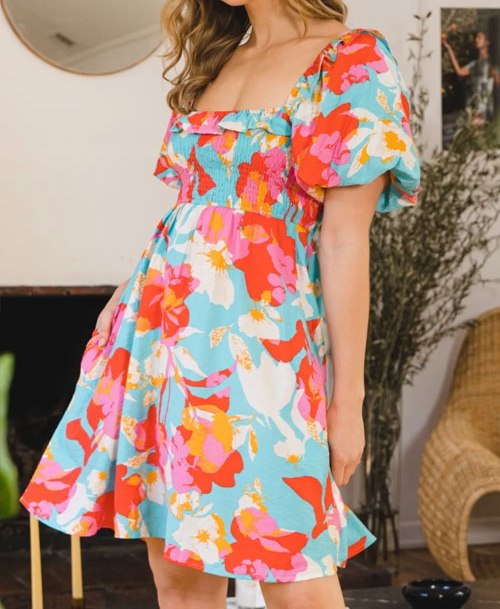 Women's ODDI Printed Smocked Puff Sleeve Mini Dress