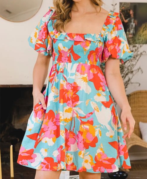 Women's ODDI Printed Smocked Puff Sleeve Mini Dress