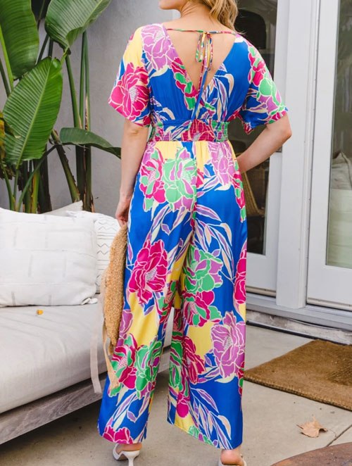 Women's ODDI Full Size Floral Smocked Tied Back Jumpsuit