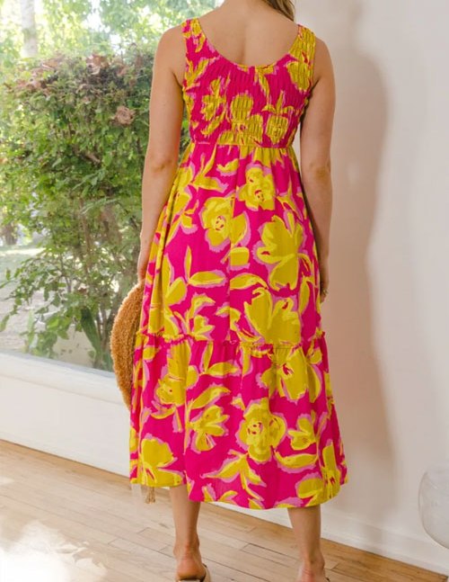 Women's ODDI Full Size Floral Smocked Ruffled Midi Dress