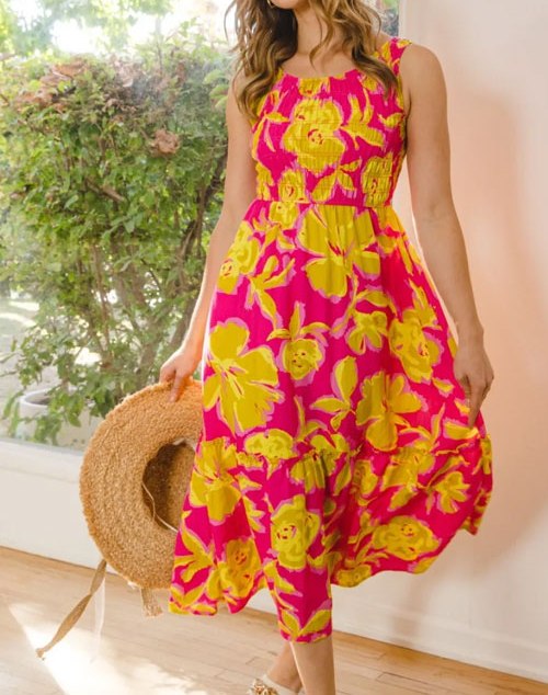 Women's ODDI Full Size Floral Smocked Ruffled Midi Dress