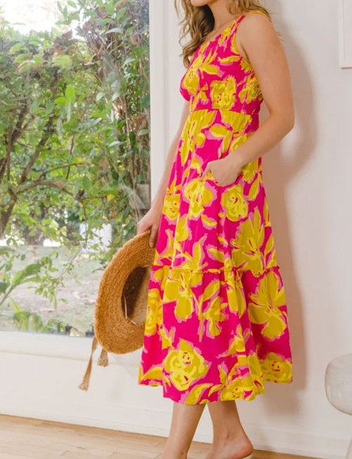 Women's ODDI Full Size Floral Smocked Ruffled Midi Dress