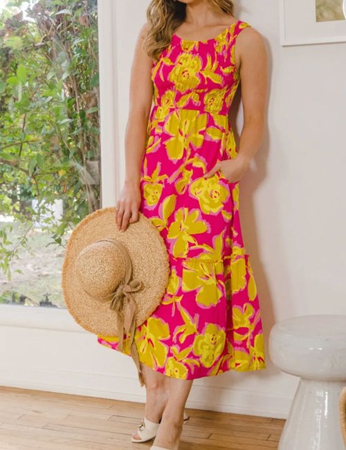 Women's ODDI Full Size Floral Smocked Ruffled Midi Dress