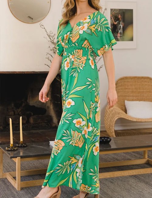Women's ODDI Full Size Floral Smocked Tied Back Maxi Dres