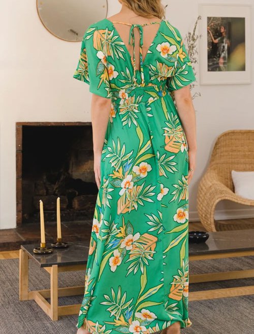 Women's ODDI Full Size Floral Smocked Tied Back Maxi Dres