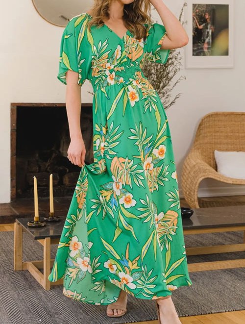 Women's ODDI Full Size Floral Smocked Tied Back Maxi Dres