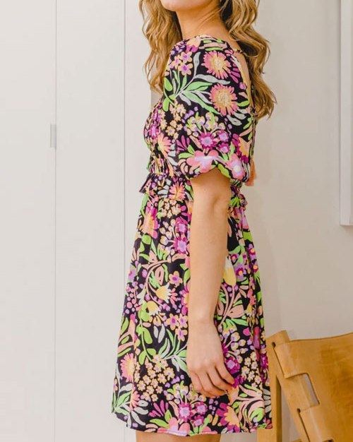 Women's ODDI Full Size Floral Tie-Back Mini Dress