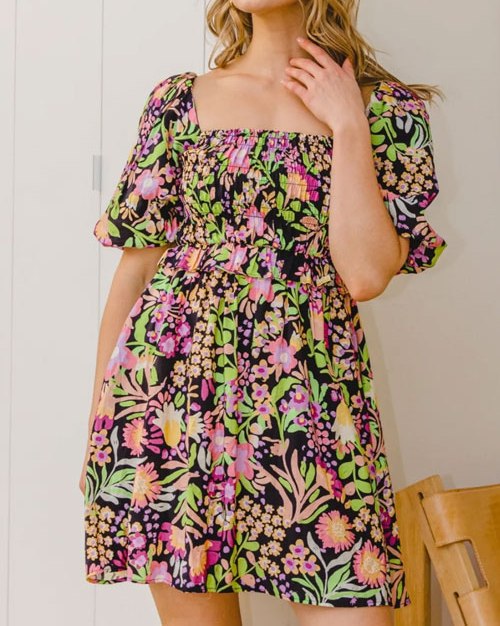 Women's ODDI Full Size Floral Tie-Back Mini Dress