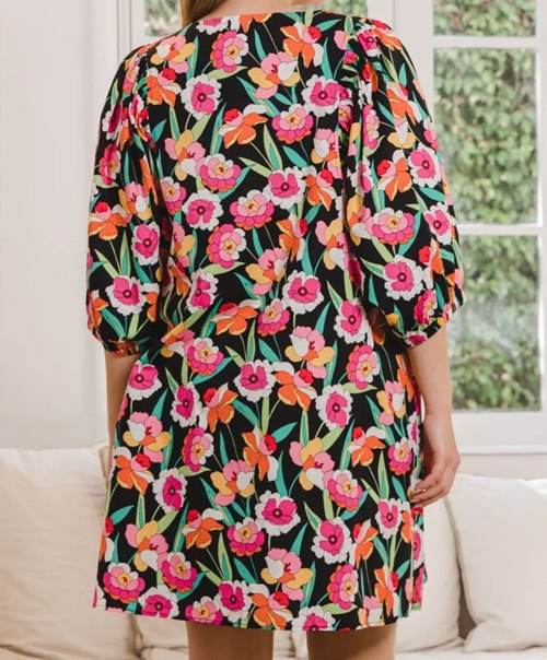 Women's ODDI Full Size Floral Puff Sleeve Mini Dress