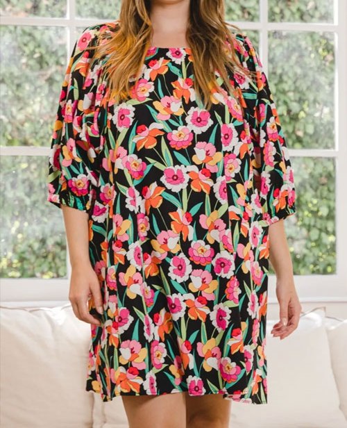 Women's ODDI Full Size Floral Puff Sleeve Mini Dress