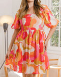 Women's ODDI Full Size Printed Tied Back Short Sleeve Mini Dress