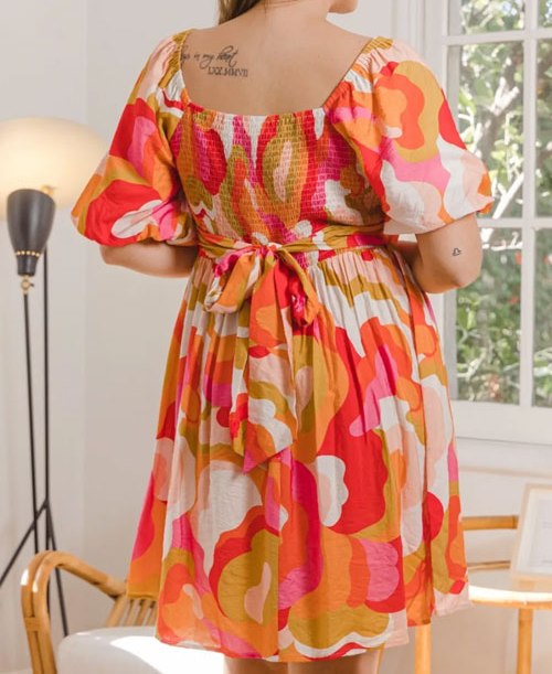 Women's ODDI Full Size Printed Tied Back Short Sleeve Mini Dress