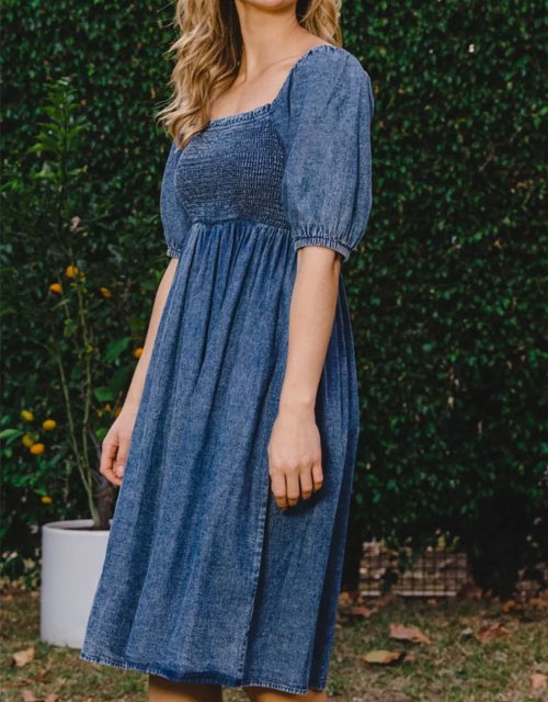 Women's ODDI Full Size Washed Smocked Puff Sleeve Dress