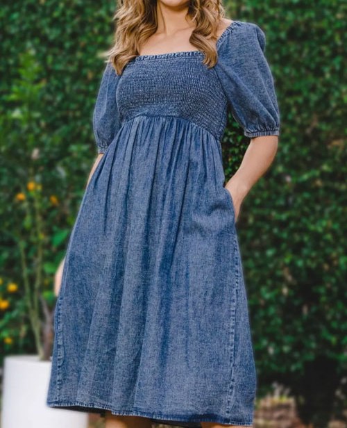 Women's ODDI Full Size Washed Smocked Puff Sleeve Dress