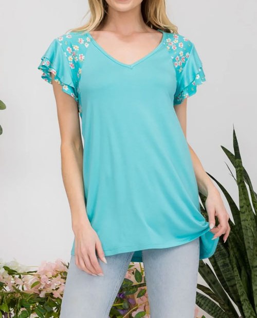 Women's Celeste Full Size Floral Contrast Short Sleeve Top