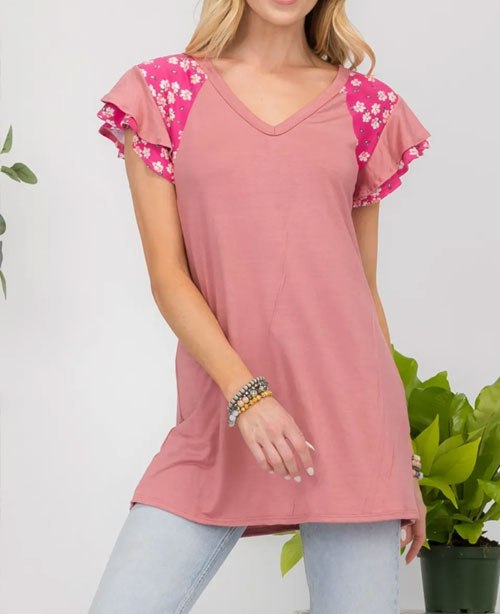 Women's Celeste Full Size Floral Contrast Short Sleeve Top