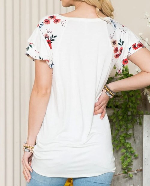 Women's Celeste Full Size Floral Contrast Short Sleeve Top