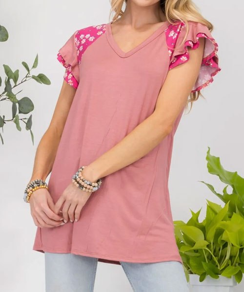 Women's Celeste Full Size Floral Contrast Short Sleeve Top