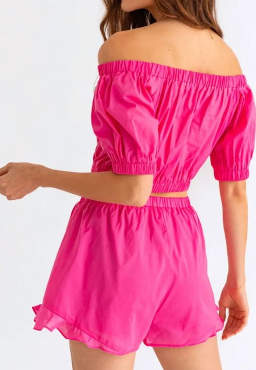 Women's Le Lis Off Shoulder Crop Top and Ruffled Shorts Set