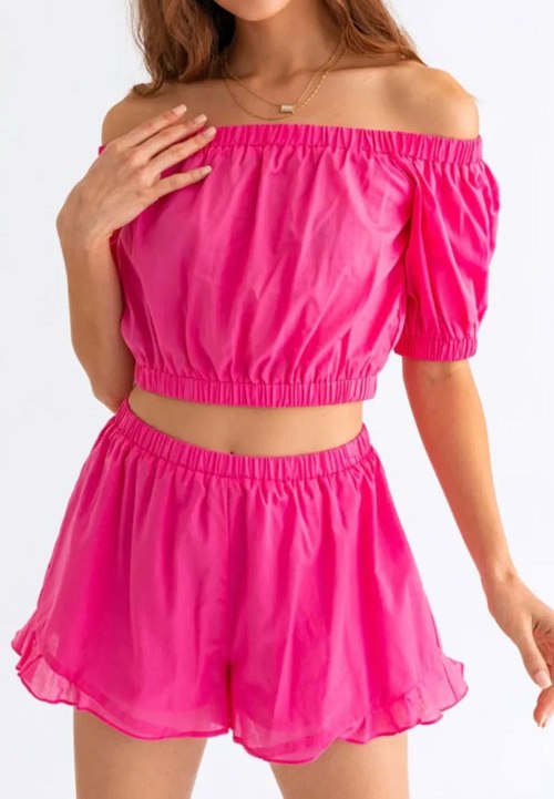 Women's Le Lis Off Shoulder Crop Top and Ruffled Shorts Set