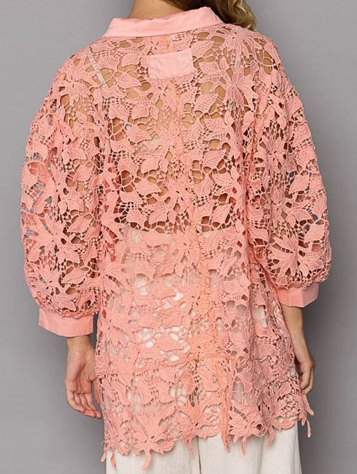 Women's POL Collared Neck Button Up Lace Shirt