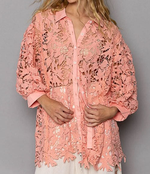 Women's POL Collared Neck Button Up Lace Shirt
