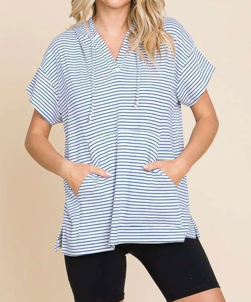 Women's Culture Code Full Size Striped Short Sleeve Hooded Top