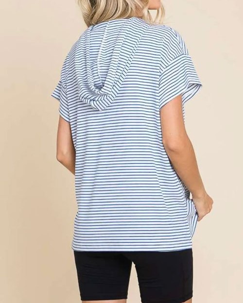Women's Culture Code Full Size Striped Short Sleeve Hooded Top