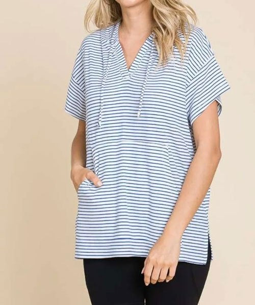 Women's Culture Code Full Size Striped Short Sleeve Hooded Top