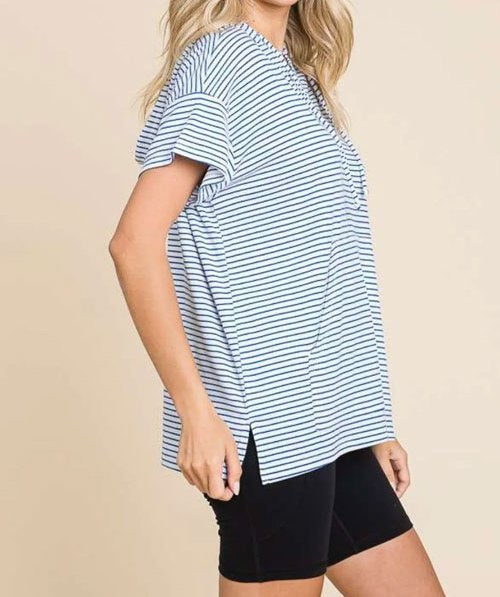 Women's Culture Code Full Size Striped Short Sleeve Hooded Top