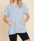 Women's Culture Code Full Size Striped Short Sleeve Hooded Top