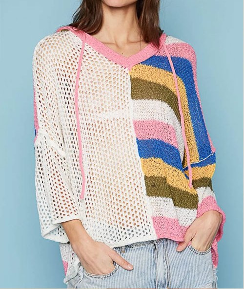 Women's POL Openwork Drawstring Color Block Hooded Knit Top
