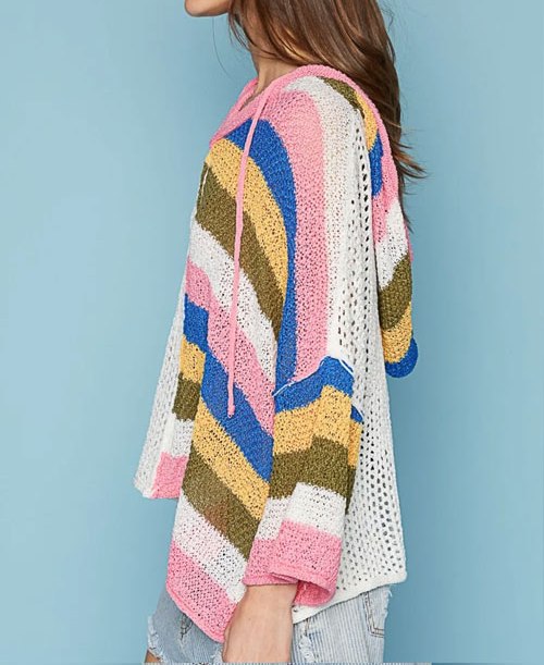Women's POL Openwork Drawstring Color Block Hooded Knit Top
