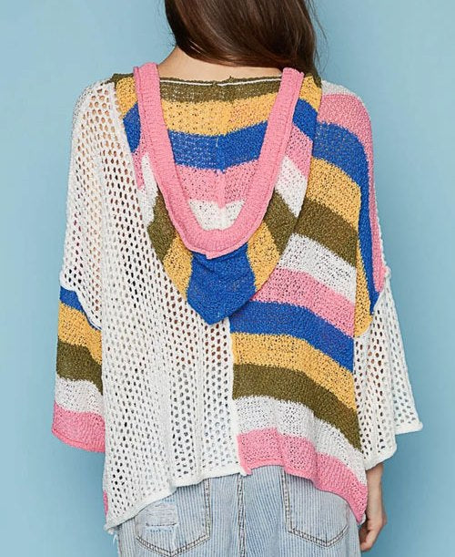 Women's POL Openwork Drawstring Color Block Hooded Knit Top