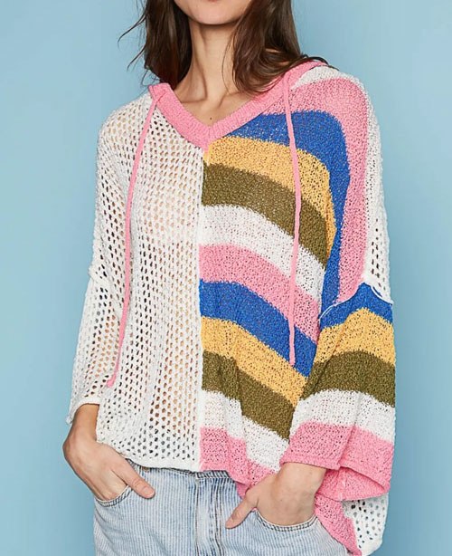 Women's POL Openwork Drawstring Color Block Hooded Knit Top