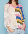 Women's POL Openwork Drawstring Color Block Hooded Knit Top