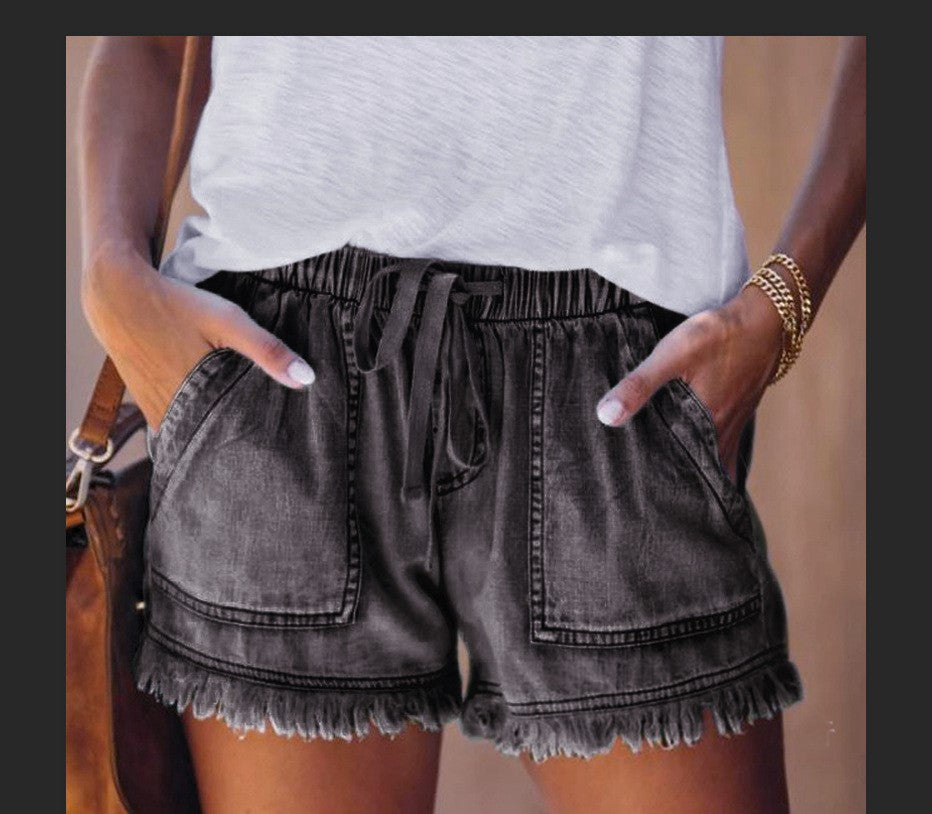 2025 Summer New Women's High Waist Slimming Denim Shorts - Casual Fit, Elastic Waist & Drawstring