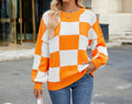 Women's Autumn New Plaid Color Block Loose Round Neck Long-Sleeved Pullover Sweater