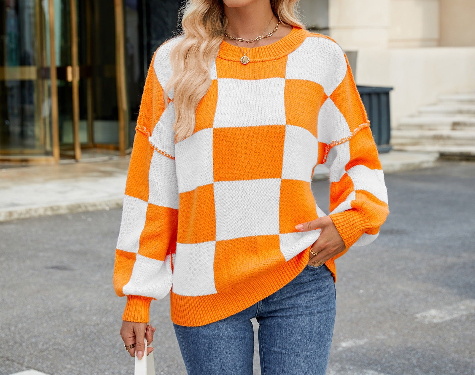 Women's Autumn New Plaid Color Block Loose Round Neck Long-Sleeved Pullover Sweater