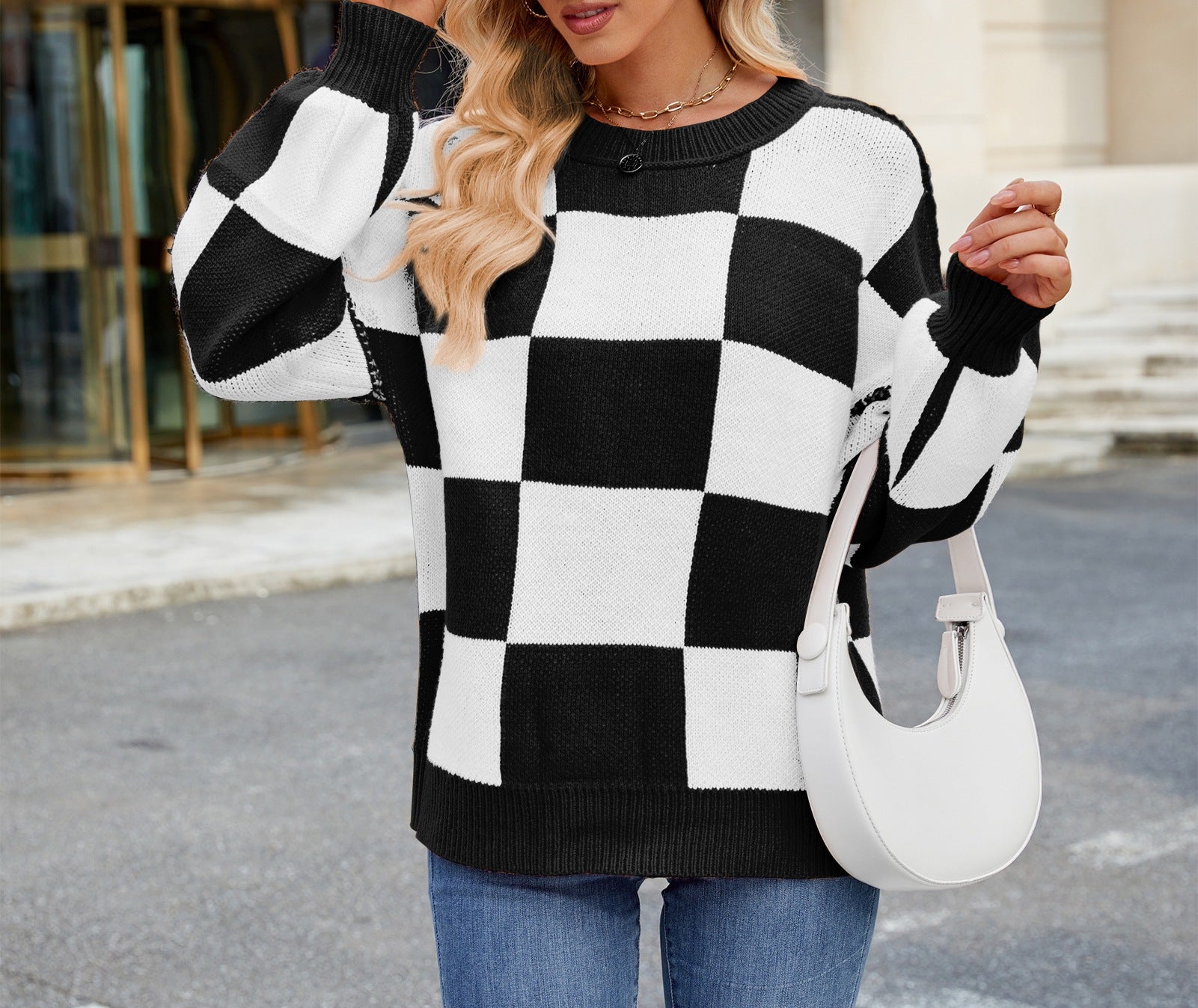 Women's Autumn New Plaid Color Block Loose Round Neck Long-Sleeved Pullover Sweater