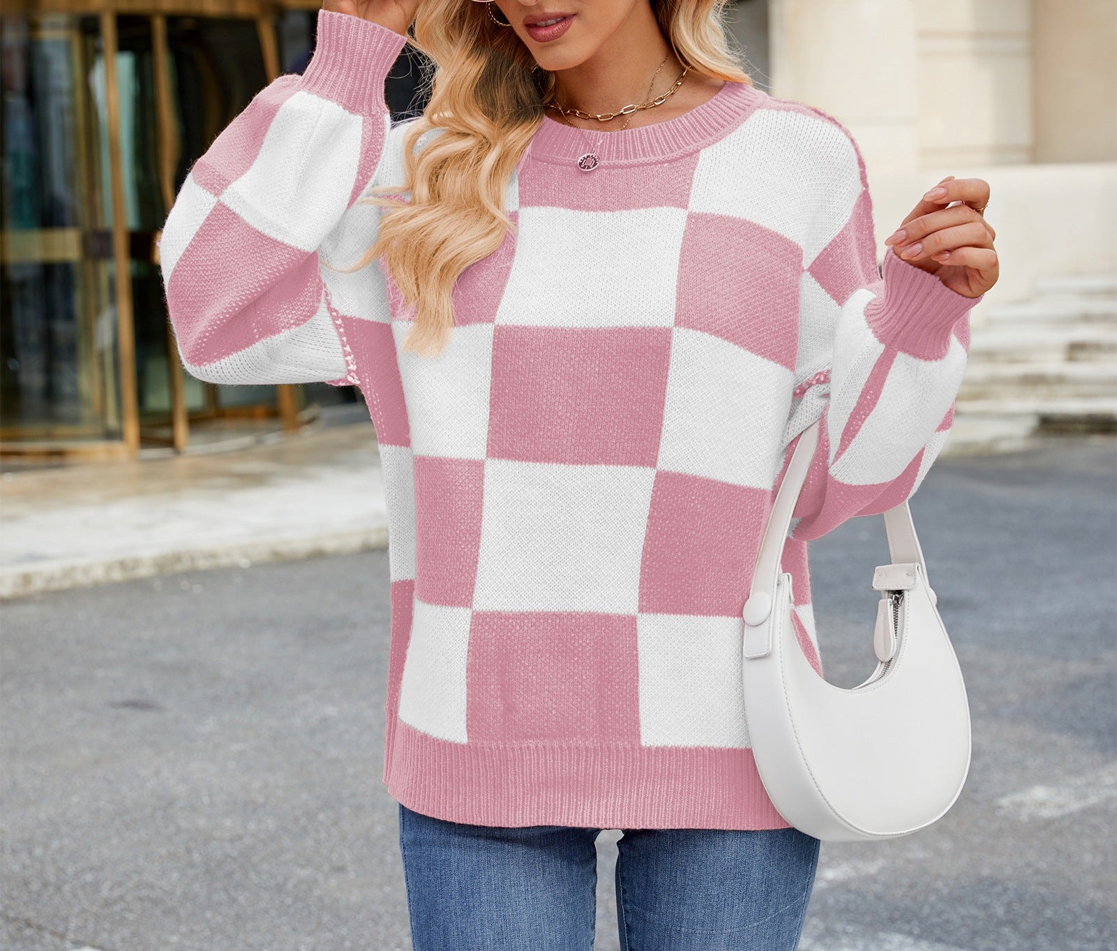 Women's Autumn New Plaid Color Block Loose Round Neck Long-Sleeved Pullover Sweater