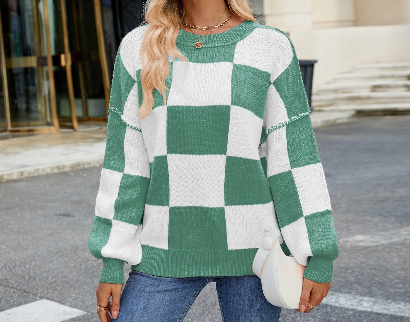 Women's Autumn New Plaid Color Block Loose Round Neck Long-Sleeved Pullover Sweater