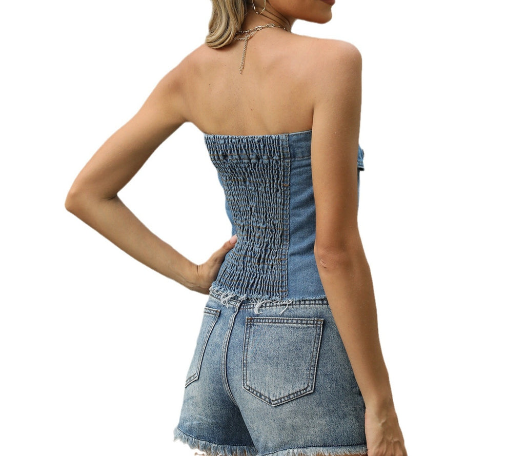 Washed Denim Off-Shoulder Tube Top with One-Row Buttons & Raw Edges