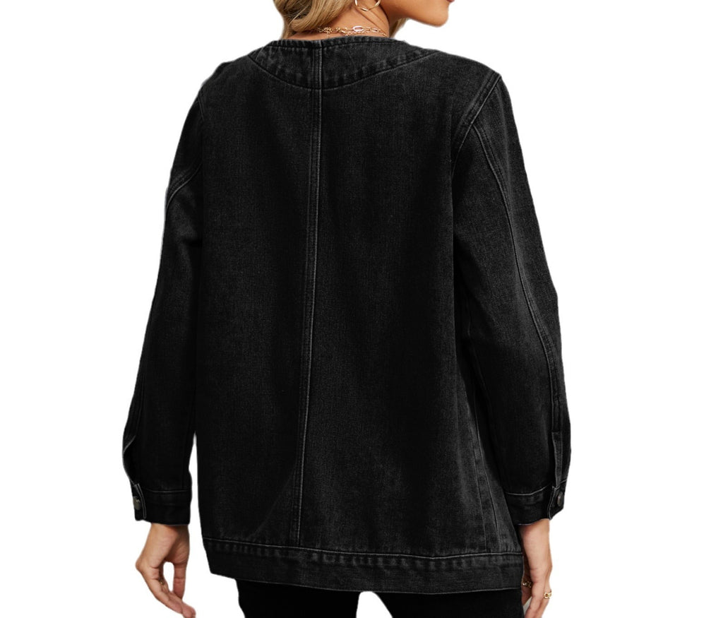 Women's Autumn Washed Denim Jacket - Long-Sleeve V-Neck Casual Jean Top